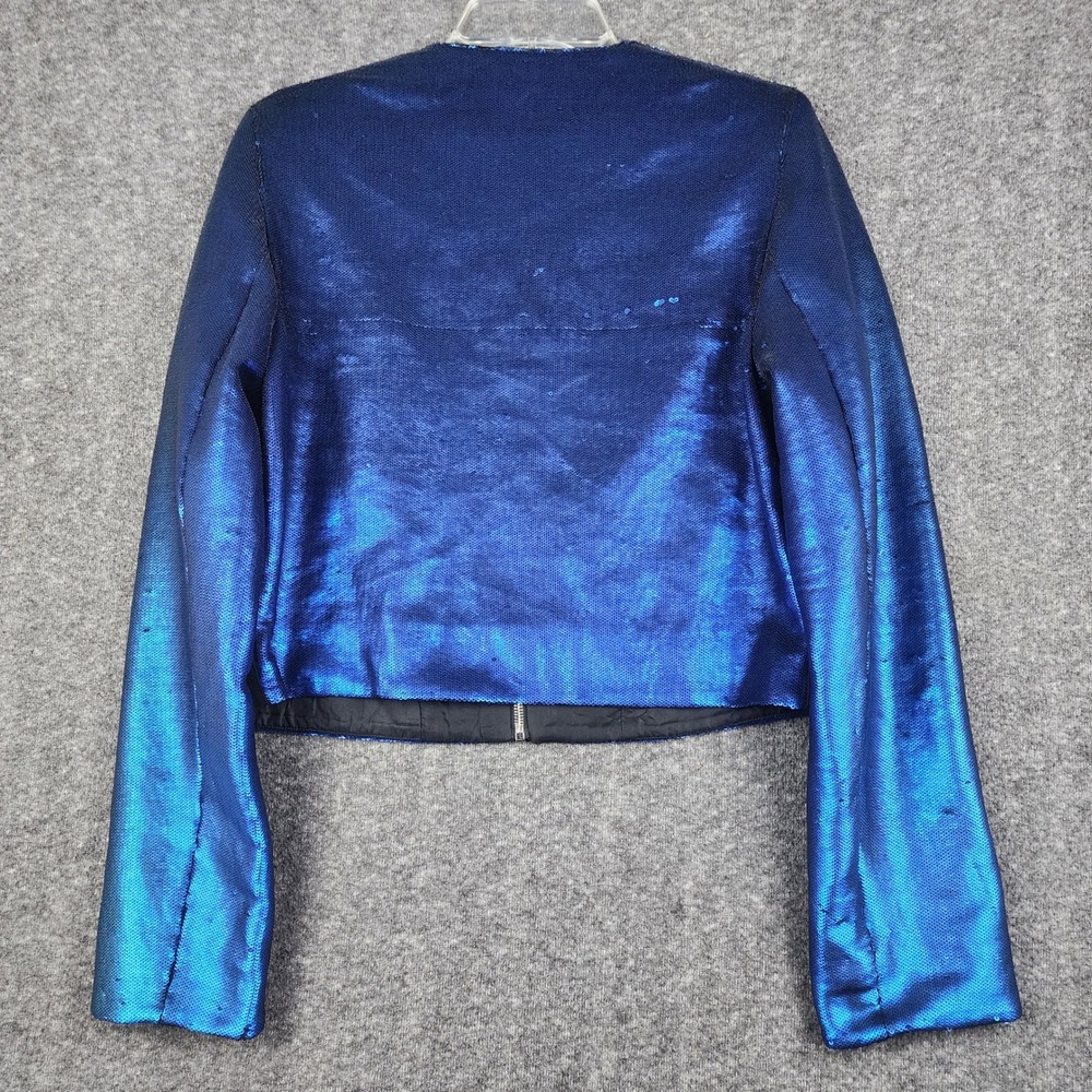 Diane von Furstenberg Sequin Jacket Womens Size 10 Blue Cropped Full Zip Blazer - Picture 2 of 8
